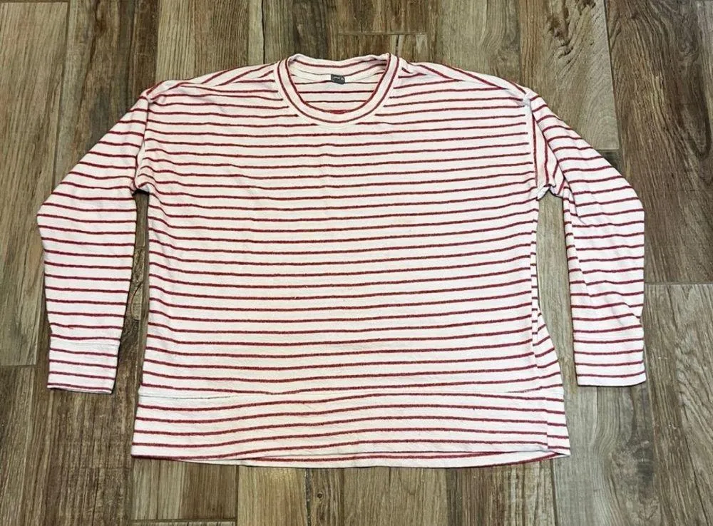 Aerie Knit Top Ivory Red Stripe Long Sleeve Drop Shoulder Terry Oversized - Image 2