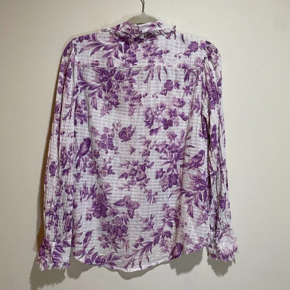 Sundance Sz XS Chantilly Blooms Button Down Top Blouse White Purple Floral Bird - Image 9