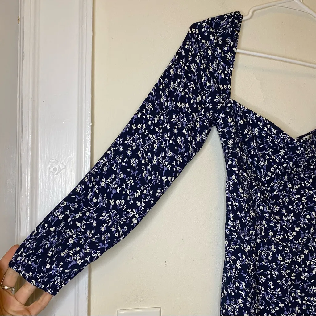REFORMATION Mochi Floral Long Sleeve Sweetheart Mini Dress Blue/White Sz 4 Small - Image 8