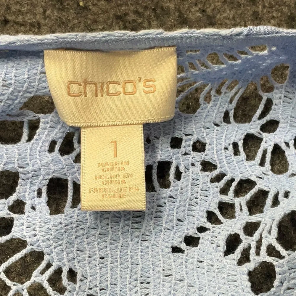 Chicos Baby Blue Lovely Lace Crochet Mix Duster Linen Jacket Size 1 Medium M - Image 5