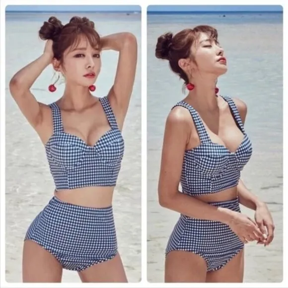 Boutique Aiosnuo Blue Checkered Pinup Swim Top XL - Image 2