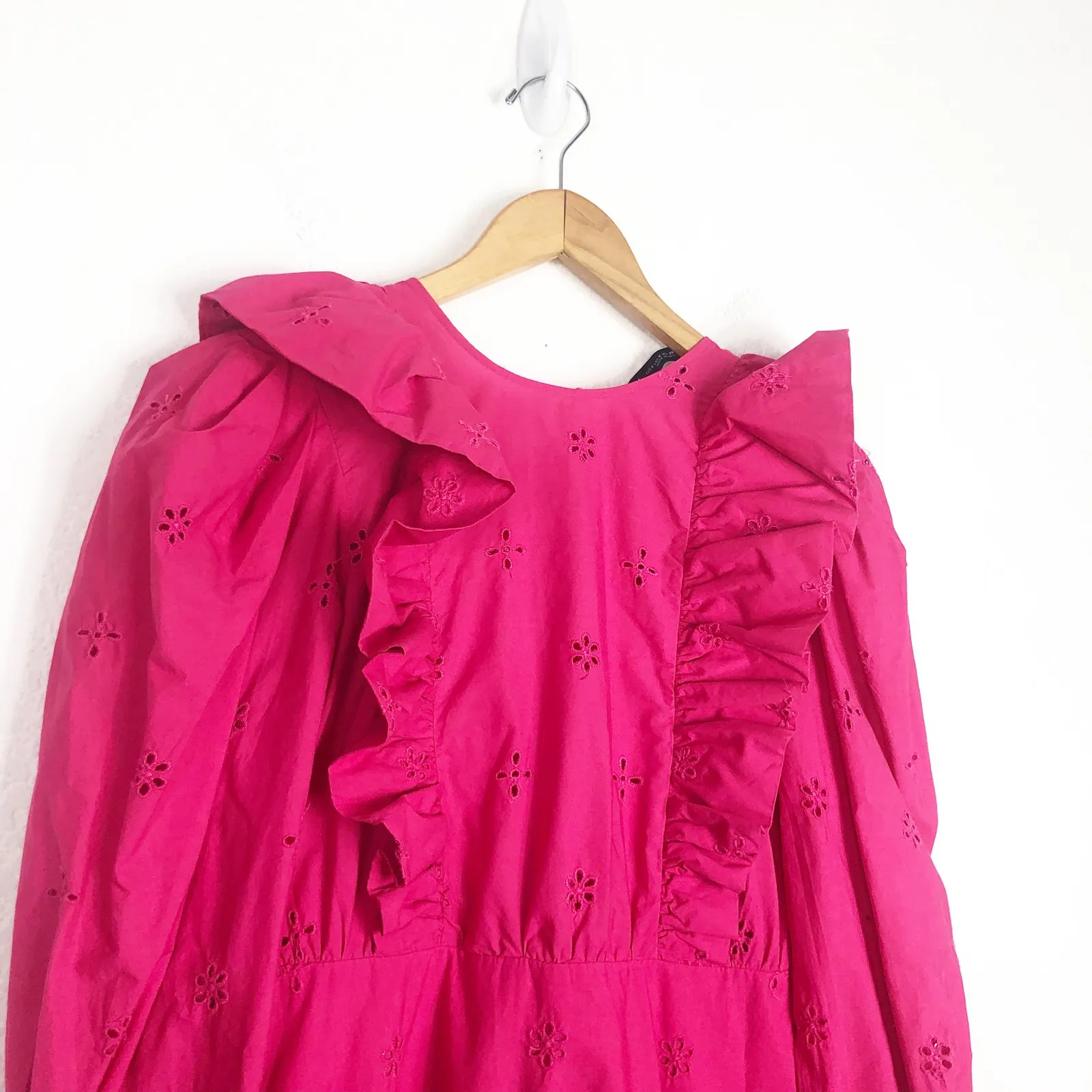 Zara Eyelet Pink Fushia Maxi Dress Cotton Poplin Long Puff Sleeve Small 7521/107 - Image 8