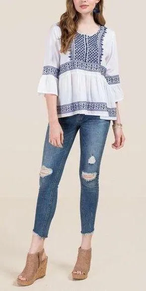 / Blue Rain Kim Mosaic Embroidered Peasant Blouse - Image 7