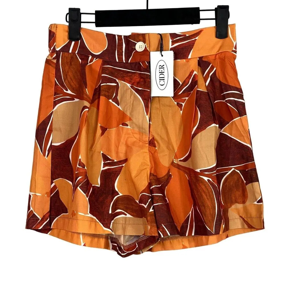 NWT By The Beach Floral Mini High Waist Pleated Shorts Button Zip M Orange #3120 - Image 2