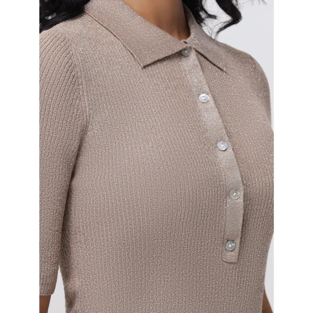 525 Ophelia Lurex Johnny Collar Top in Gilded Beige X-Small Womens Knit - Image 13