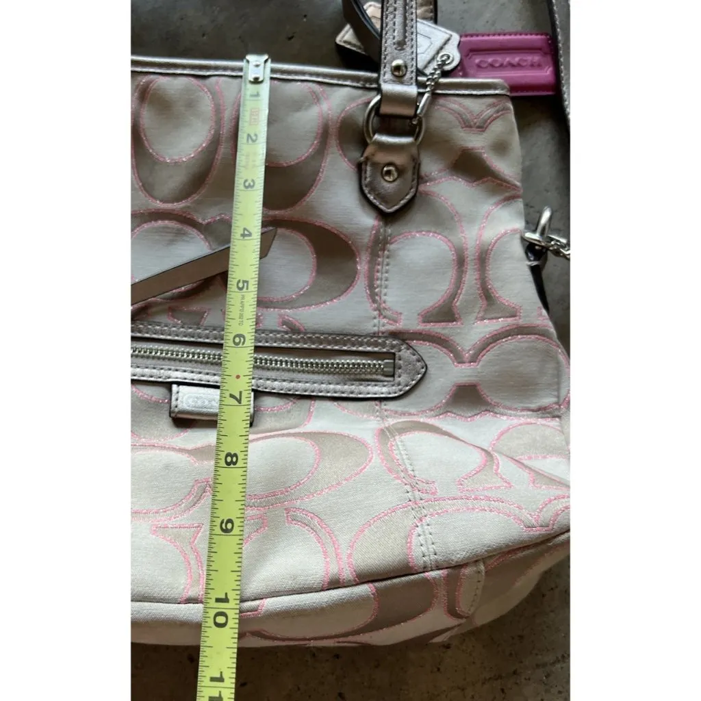 Coach Daisy Signature Metallic Outline Tote Shoulder Bag Hobo Purse Sateen PINK - Image 7