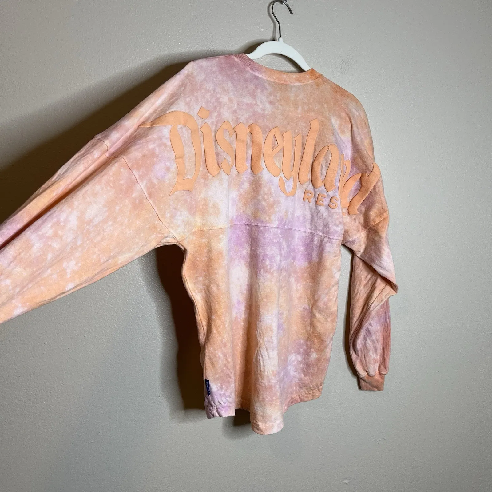 disney lightweight jersey Top Long Sleeve Logo Bubble 3d  Peach Pink Tie Dye XS - Image 7