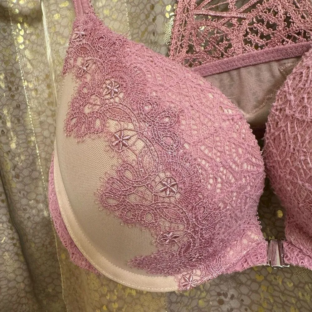 Victorias Secret Dream Angels Mauve Pink Lace Racerback Front Clip Bra 32D - Image 3
