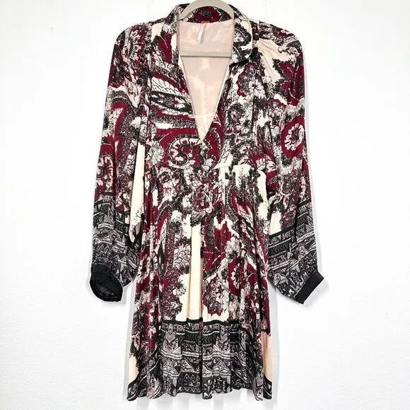 Free People Y2K Paisley Mini Dress Maroon Longsleeve Boho Women's Size Small‎ - Image 2