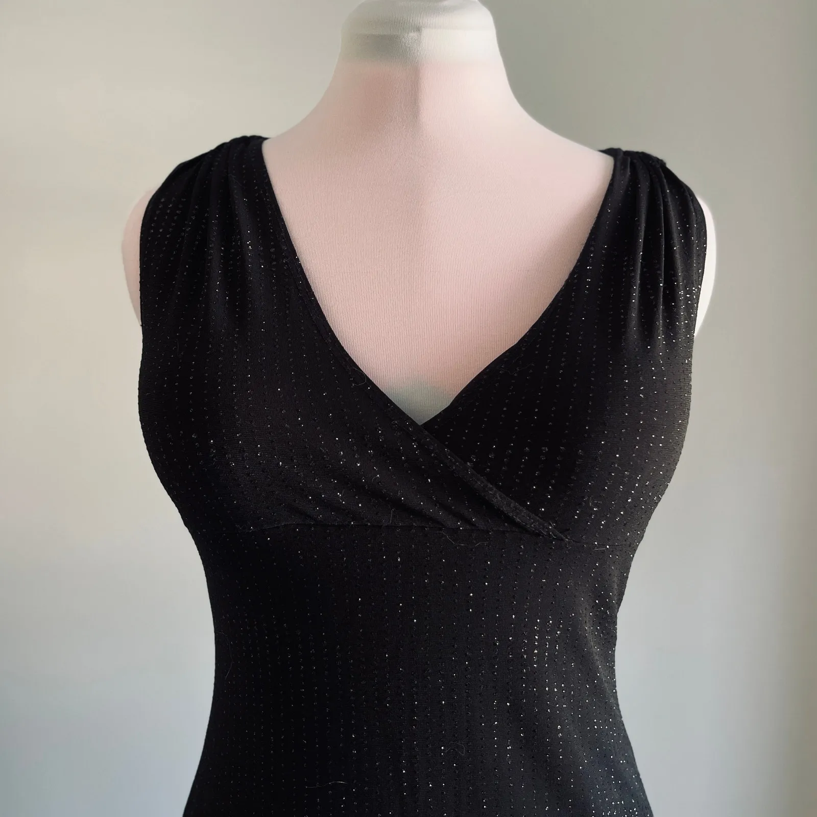 VTG 90s Taboo | Black Sparkly Rhinestone VNeck High Low Midi Cocktail Dress | M - Image 3