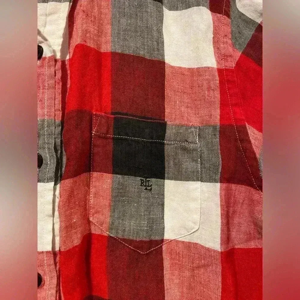 Lauren Ralph Lauren Black Red Plaid 100% Linen Button Down Long Sleeve Size M - Image 4