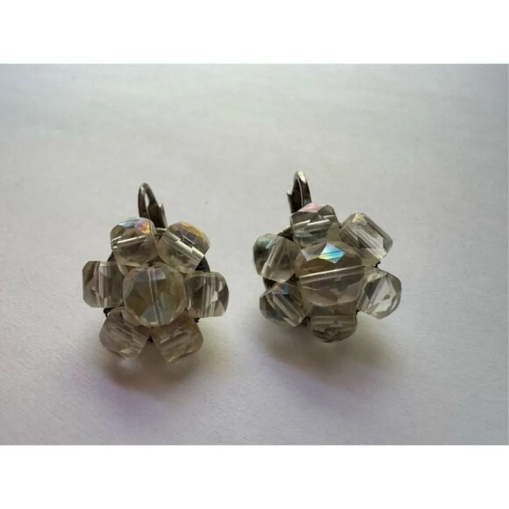 90s Vintage Womens Chunky Clear Rhinestone Cluster Clip On Earrings Retro Floral White - Image 2