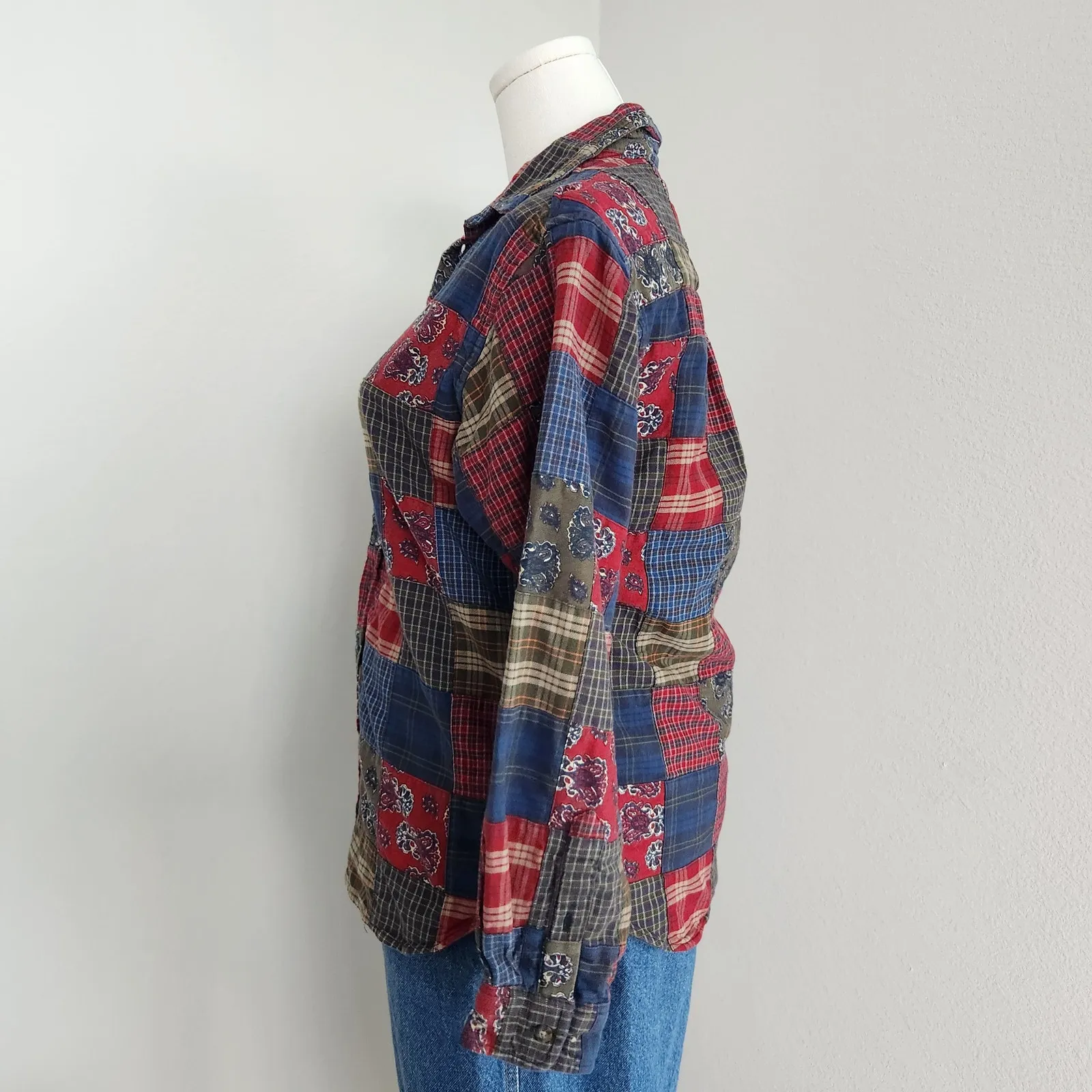 Vintage 90s Class Club Patchwork Plaid Bandana Print Cotton Button Down Shirt M Blue Size M - Image 4