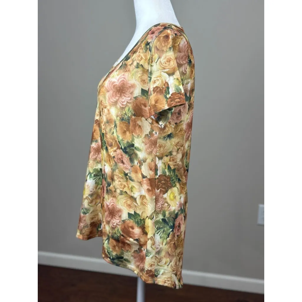 NEW LuLaRoe Womens Knit Tunic Top S Short Sleeve Brown Yellow Floral Scoop Neck - Image 6