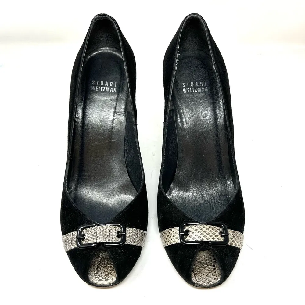 STUART WEITZMAN black suede, snakeskin, peep toe heels, made in Italy, size 8.5 - Image 2
