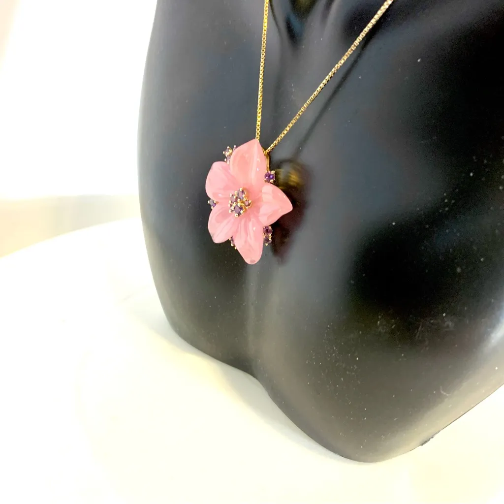 VINTAGE PINK QUARTZITE & AMETHYST GOLD TONE STERLING SILVER 925 PENDANT - Image 4