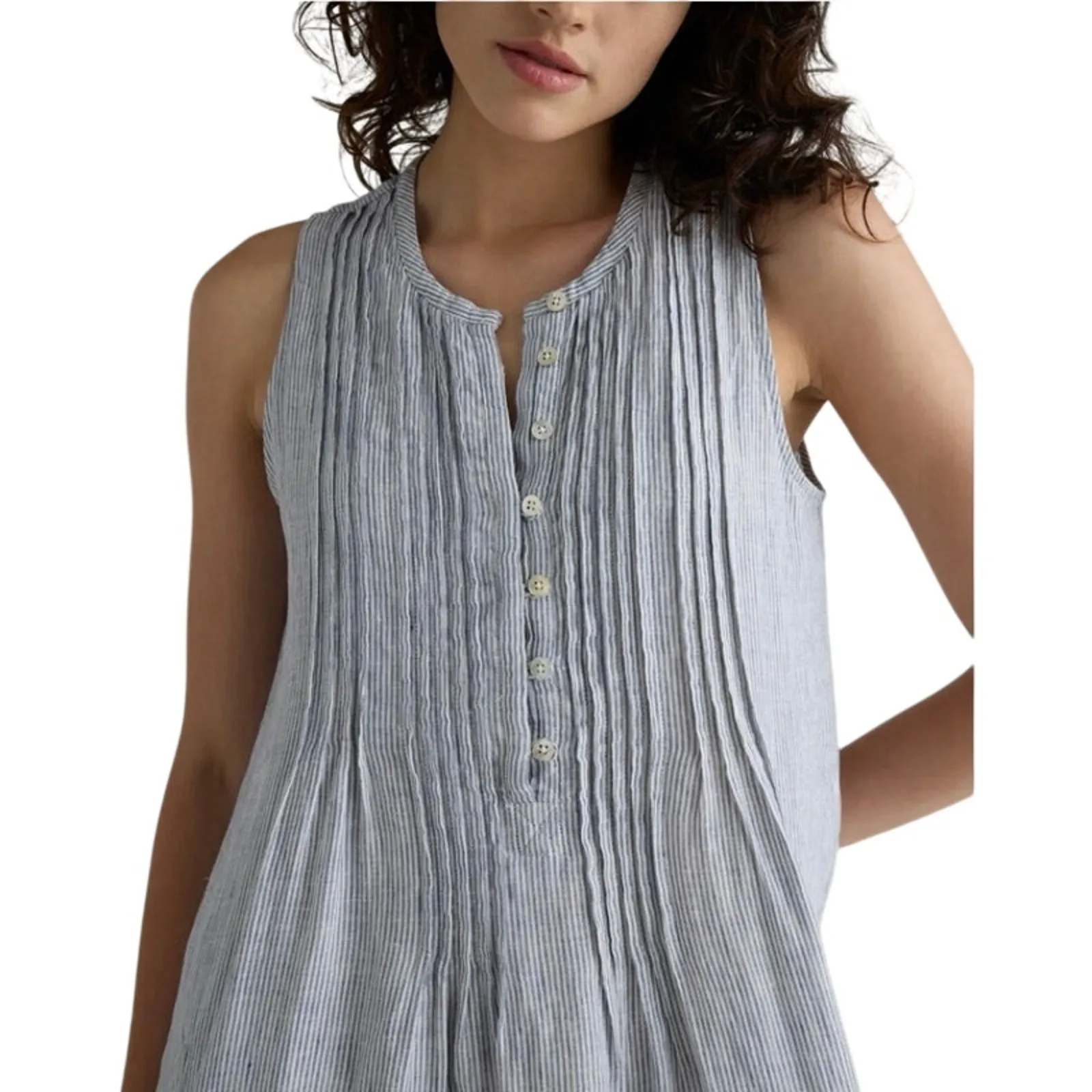 Quince Size M 100% European Linen Sleeveless Swing Dress Blue Pinstripe - Image 3