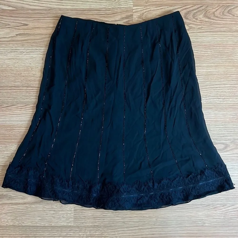 Carmen Marc Valvo Black Midi Skirt with Lace Hem and Pinstripe Beading - Image 2