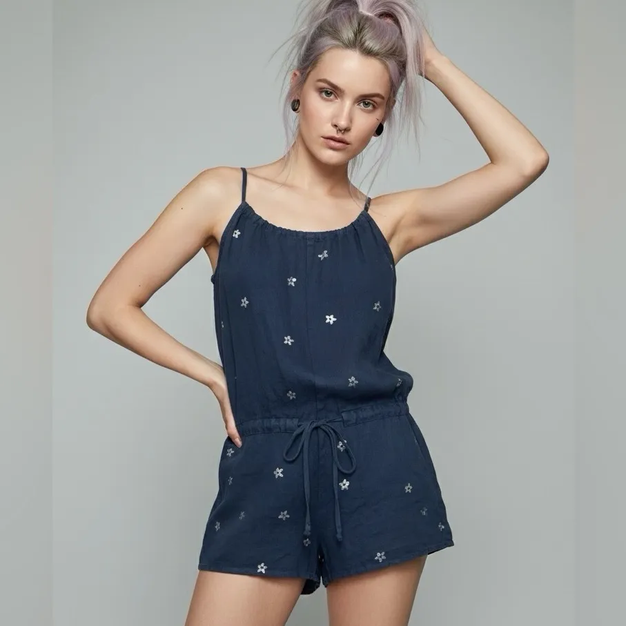 Bella Dahl NWT 100% Linen Women's Romper Metallic Floral Print Drawstring Size S - Image 2