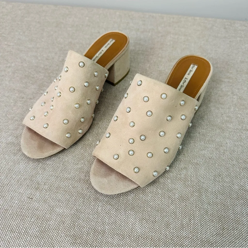 & Other Stories Nude Tan Pearl Studded Block Heel Slide Mules Size 8 (38) - Image 3
