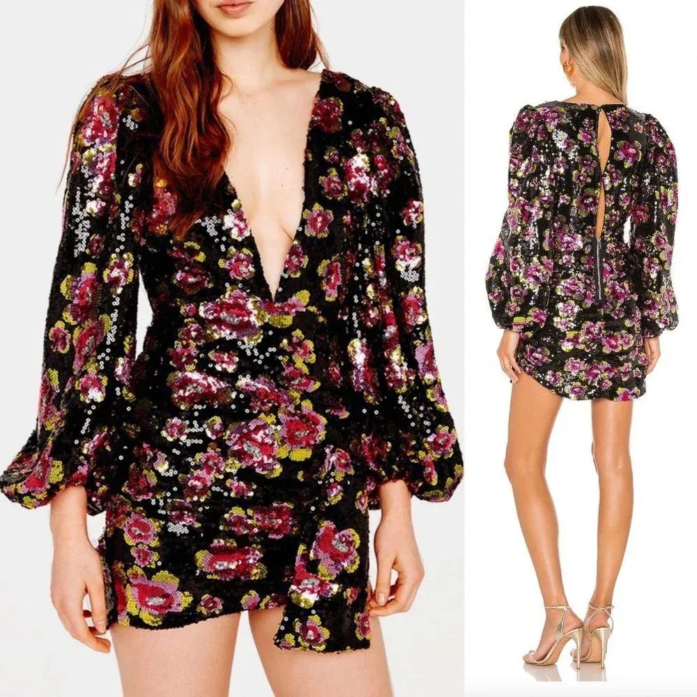 For Love & Lemons‎ Morrison Mini Dahlia Floral Dress Black Sequin Size XS - Image 3
