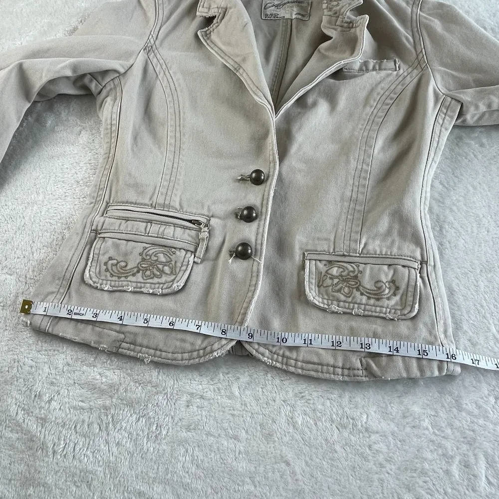 Aeropostale Cotton Embroidered Blazer Jacket Womens S Tan Cream 3 Button Pockets - Image 7