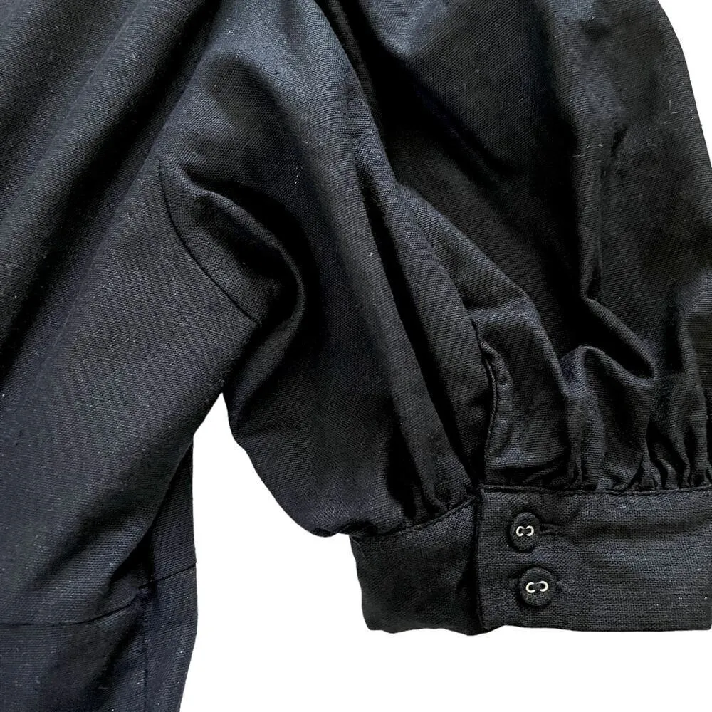 1960 Black Linen Blend Lace-Up Bodice Peasant Mini Dress Size 6 - Image 9