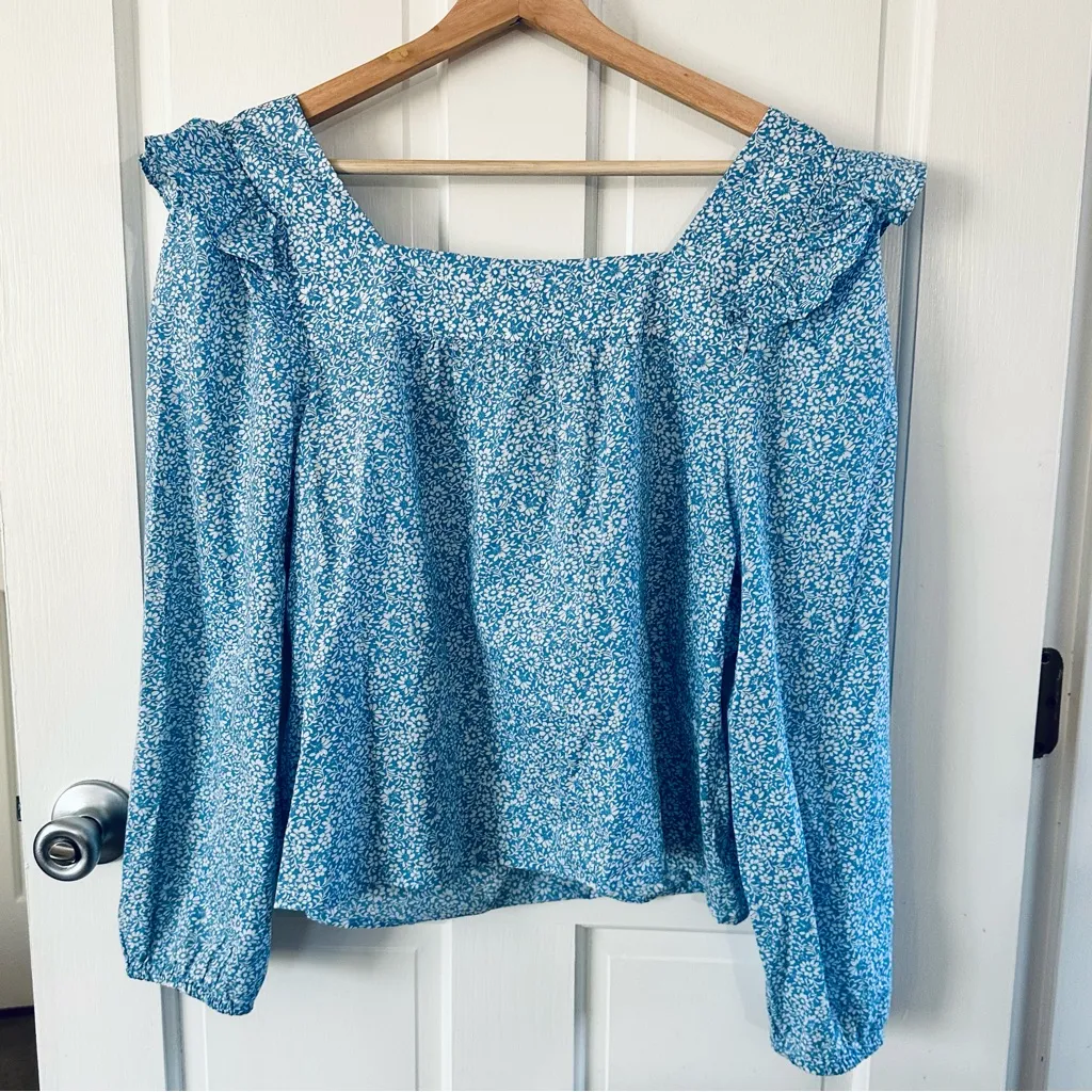 J. Crew Blue Ditsy Floral Top Cotton Ruffle Sleeve Square Neck Size L - Image 6
