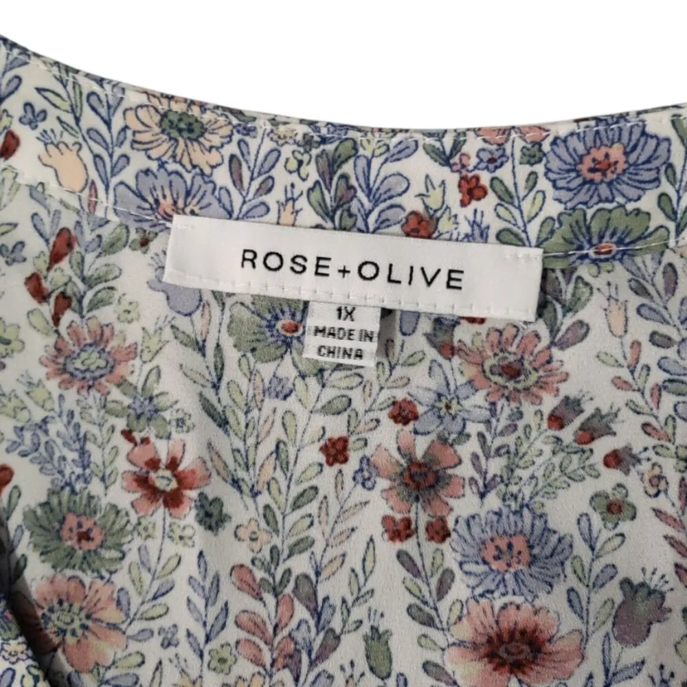 Rose & Olive Womens V Neck Floral Print Tunic W/Front Tucks 3/4 Sleeves 1X - Image 4