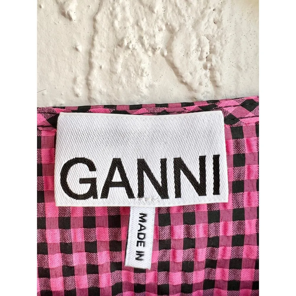 $400 Ganni Shirred Gingham Seersucker V-Neck Midi Dress Pink/Black Sz 36 / US 10 - Image 6