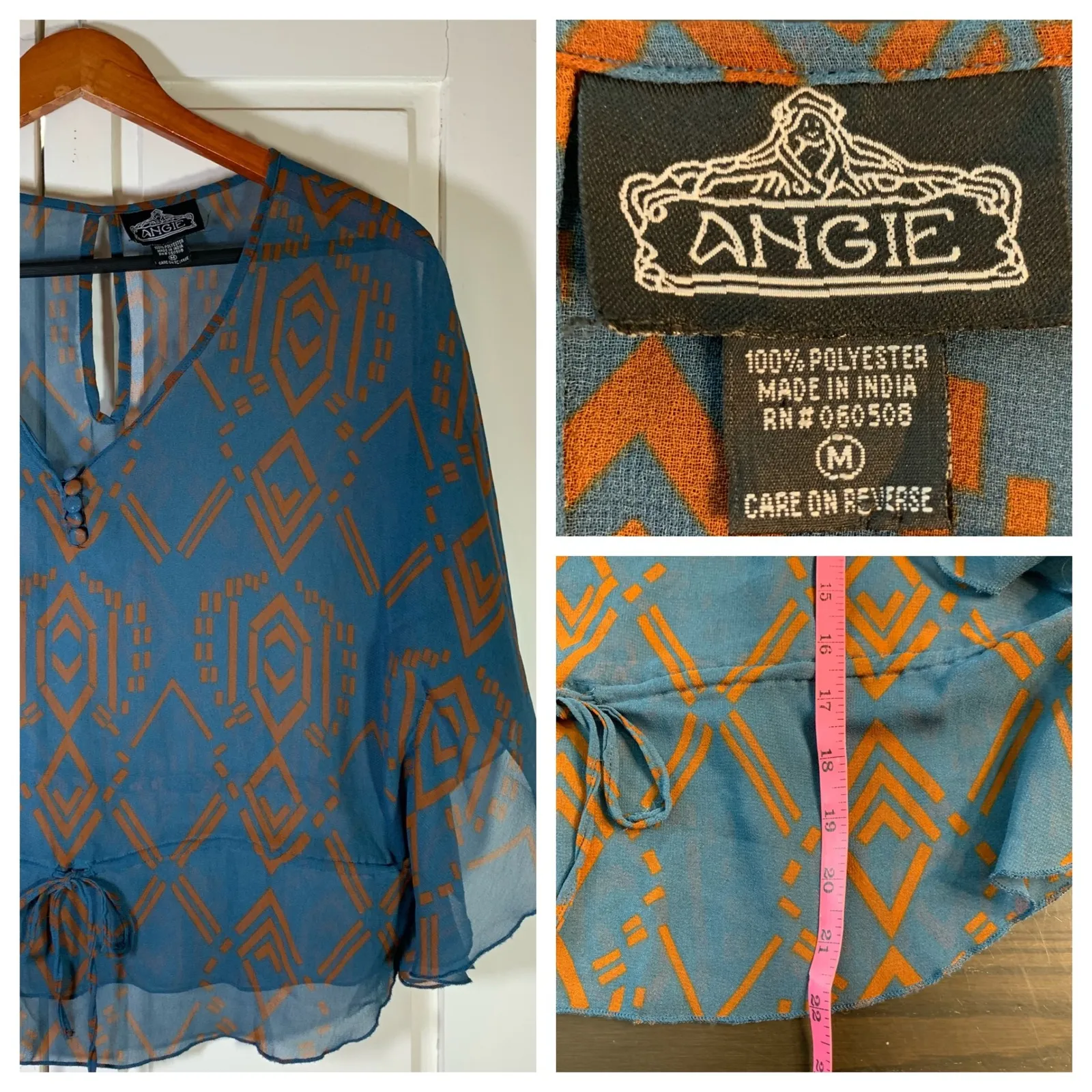 ANGIE Teal Orange Geometric Print Kimono Sleeve Tie Waist Blouse Top M - Image 15