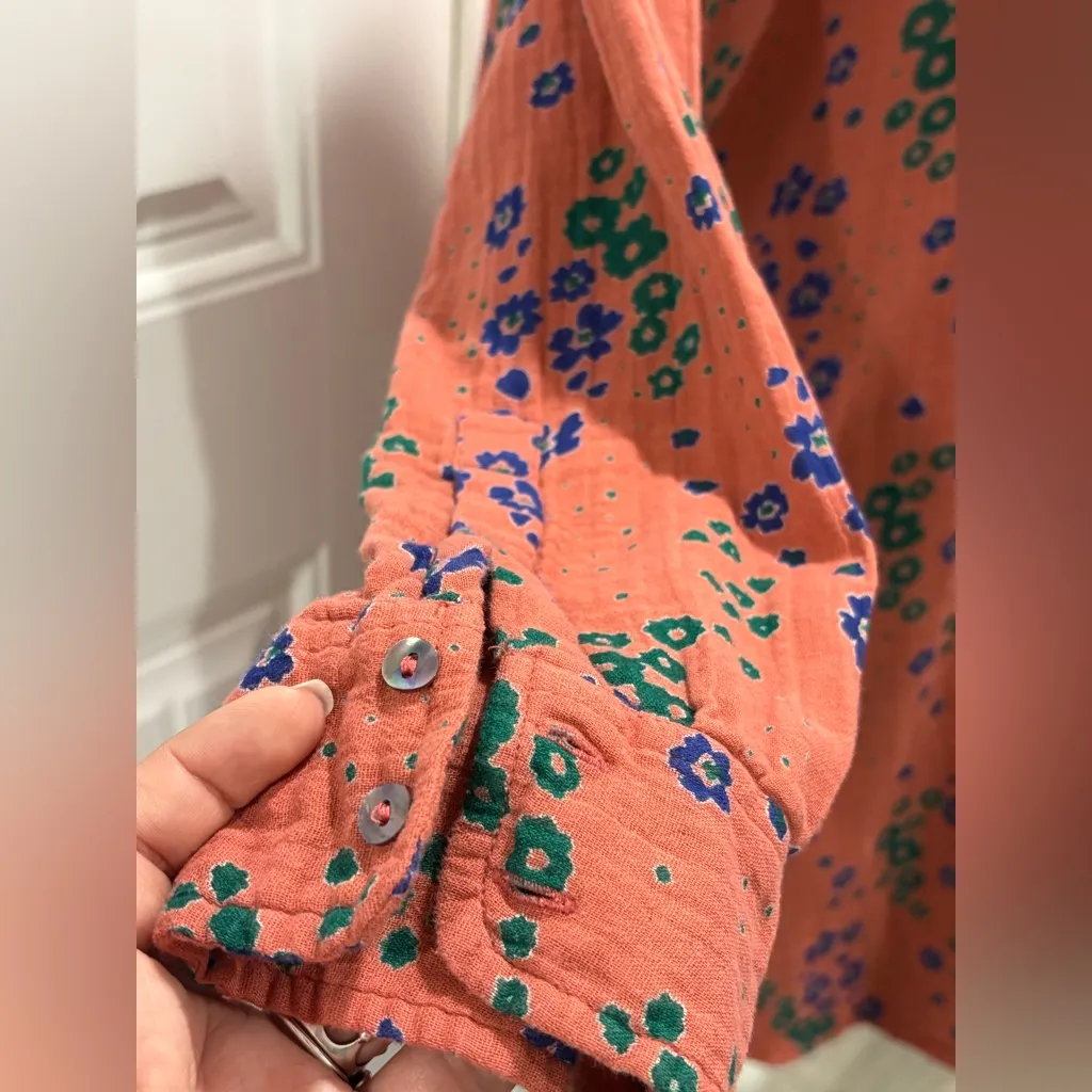 NATURAL LIFECoral Crepe Cotton Floral Collared Button Up Shirt Dress Size L - Image 6