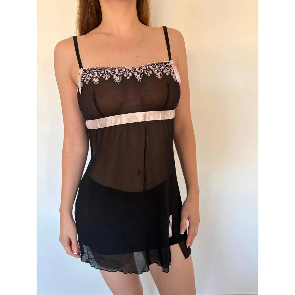 Coquette Black Sheer Pink Ribbon Babydoll Slip Dress Size M - Image 4