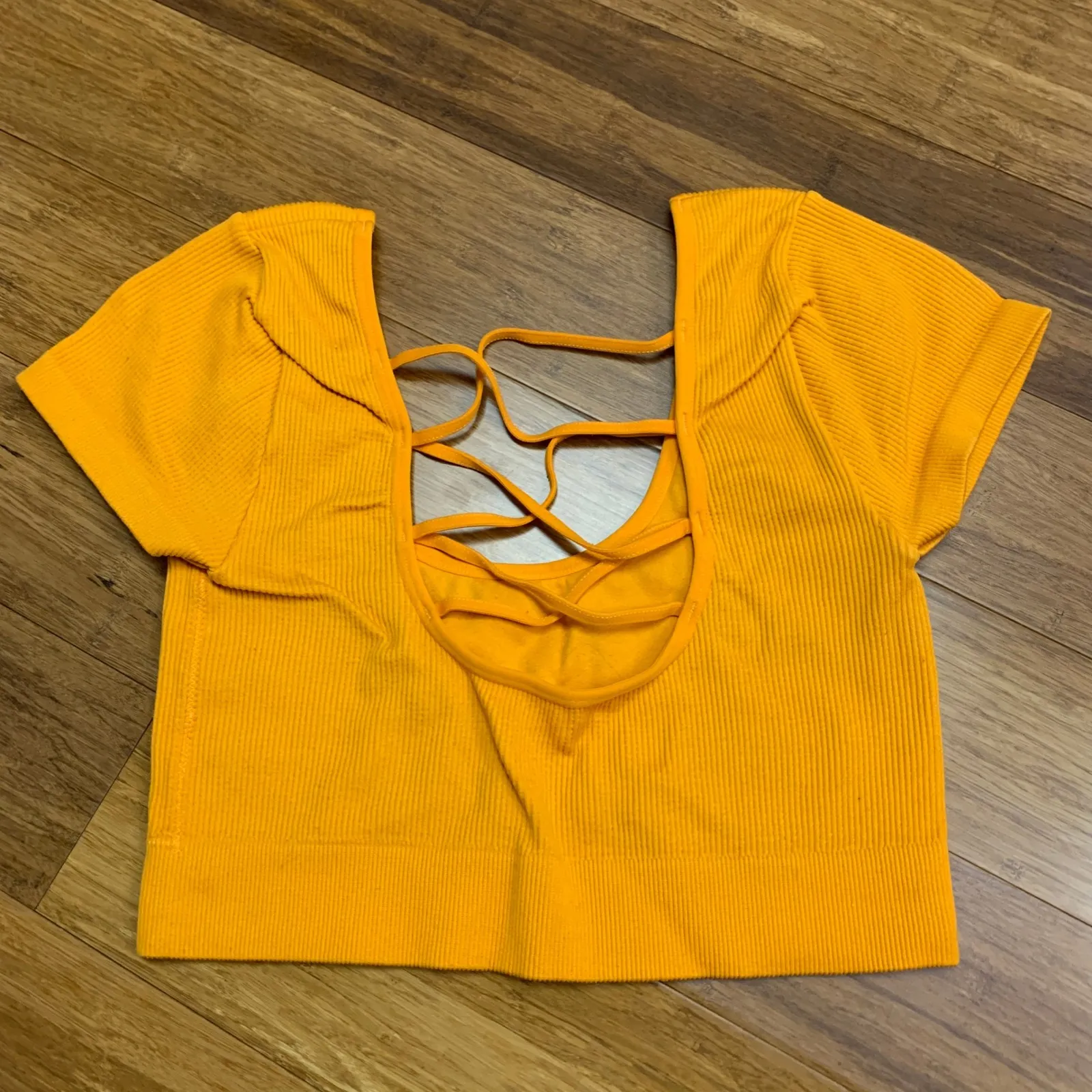 Aerie Ribbed Lace Up Back Crop Top Orange Short Sleeve Women's Size Medium Rib - Image 2