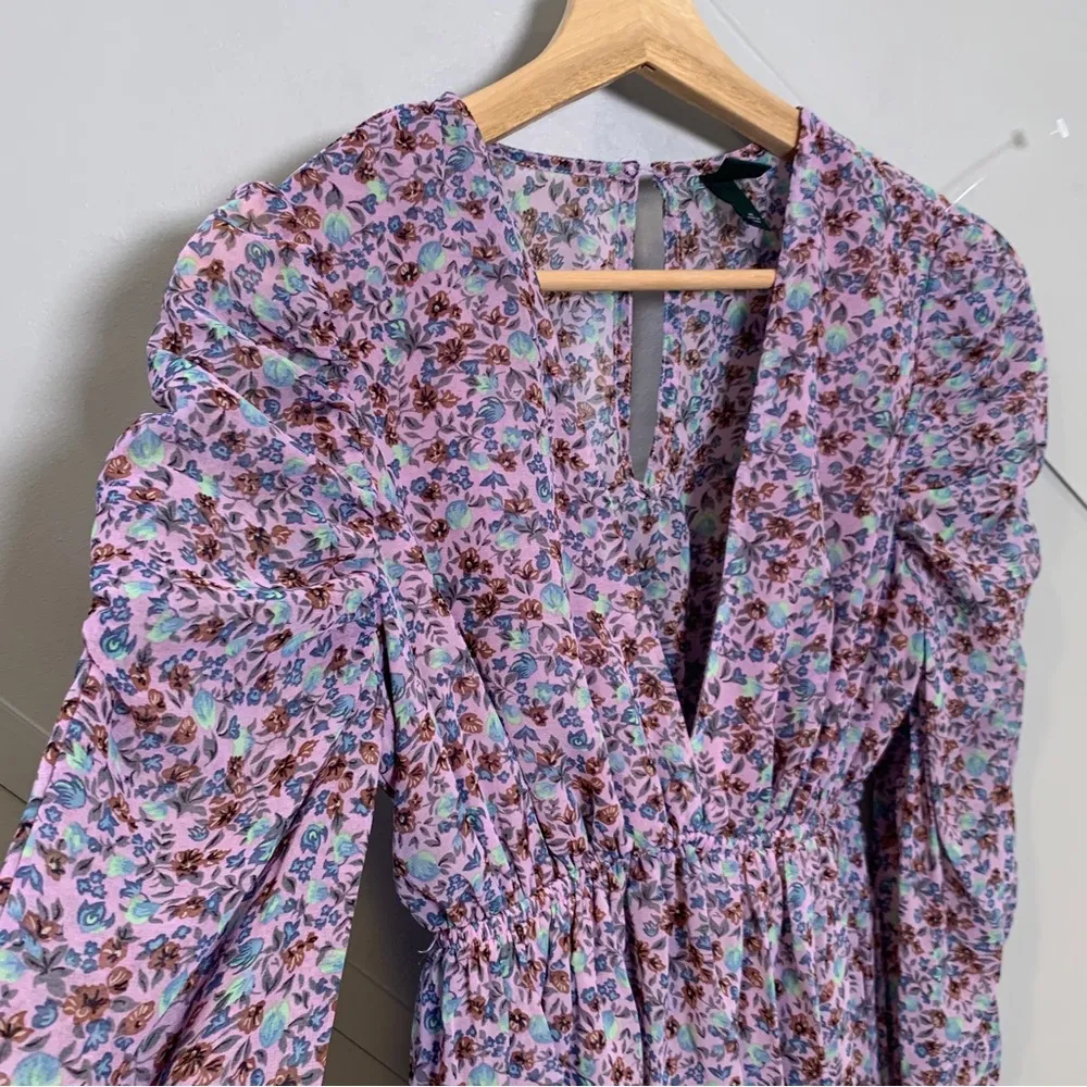Wild Fable Floral Lavender Long Sleeve Deep V-Neck Puff Sleeve Dress Size XS - Image 3