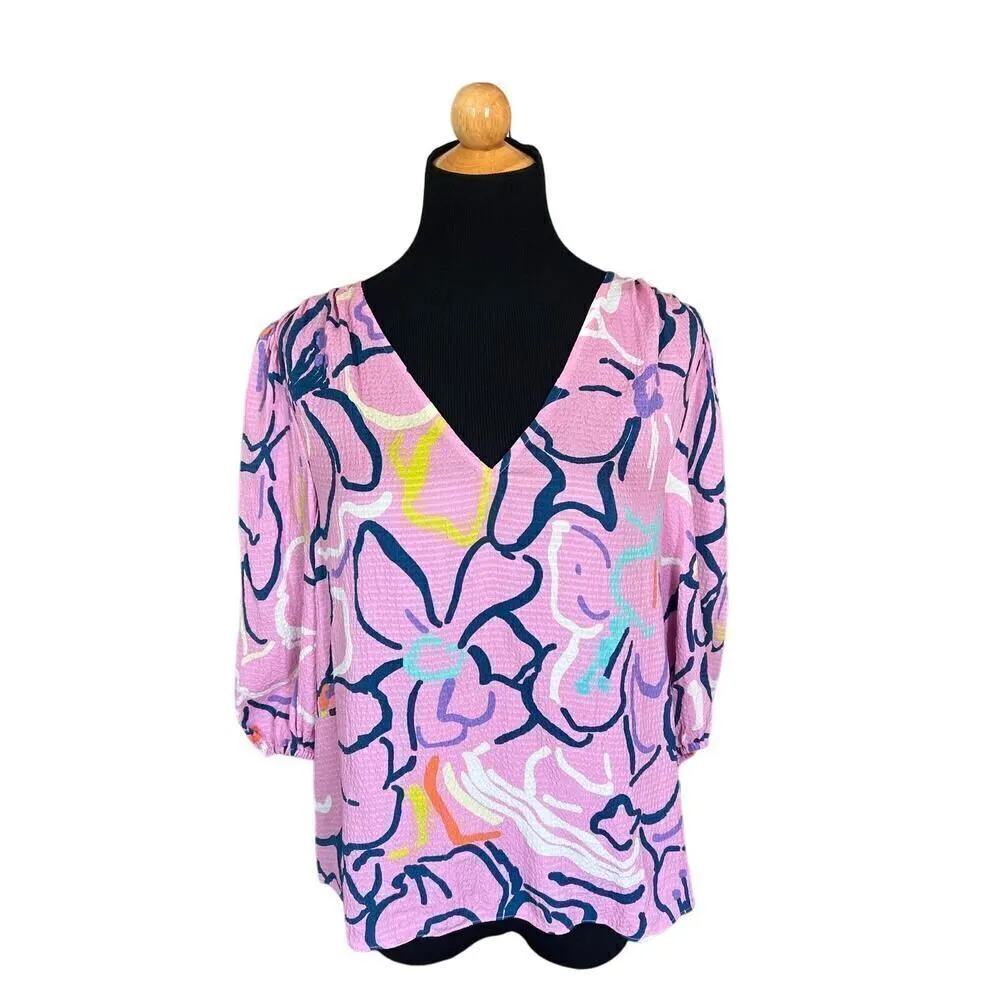 Tanya Taylor Pink Painted Floral Textured Silk 3/4 Sleeve V Neck Blouse Size 4 - Image 2