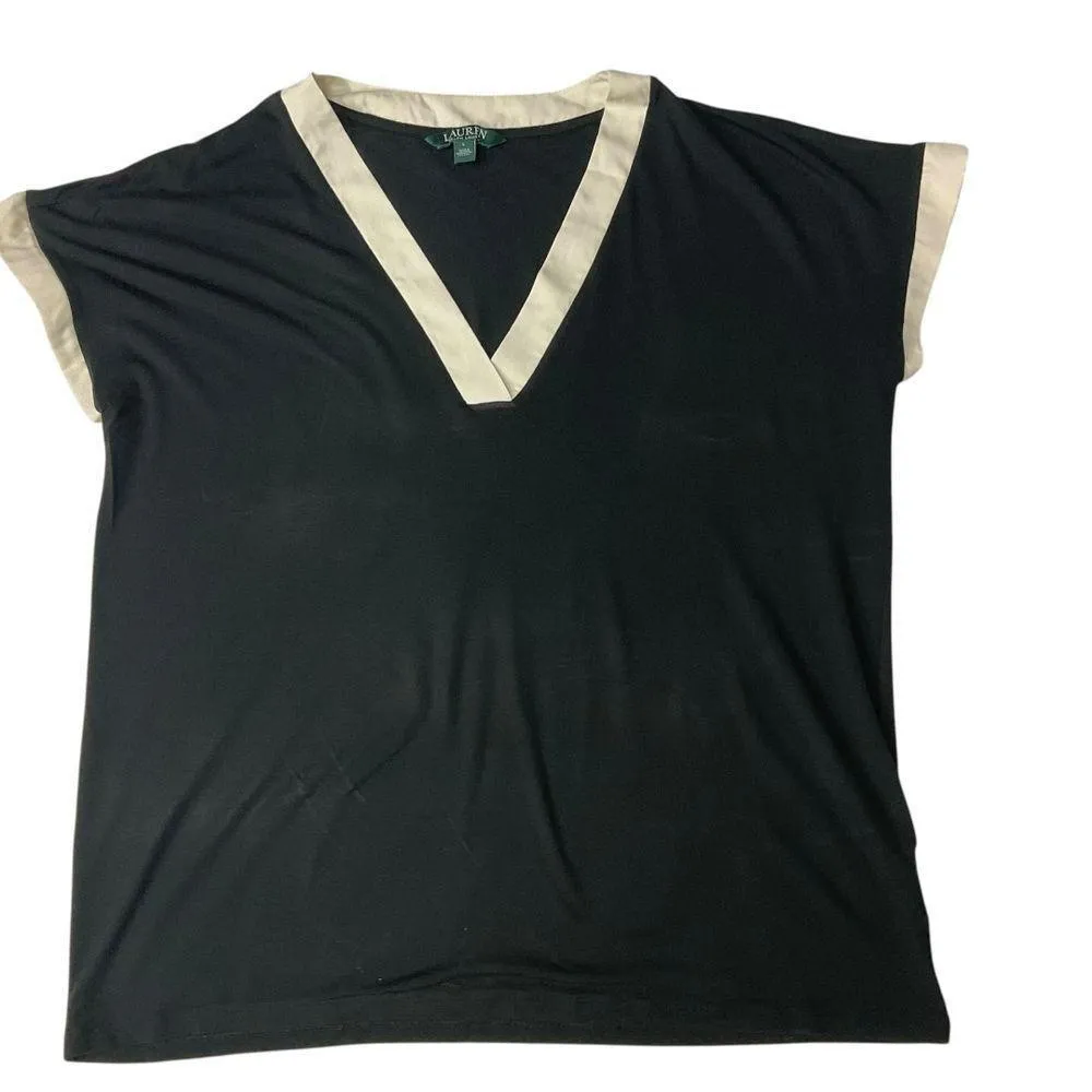 LAUREN  Women's V-Neck Tunic Top Sz L Cream Trim Short Sleeve Blouse - Image 5