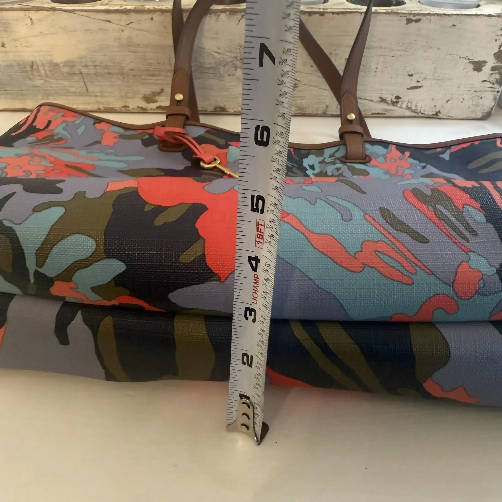 Fossil Tote Bag Womens Floral Print Coated Canvas Brown Leather Purse Wristlet - Image 11