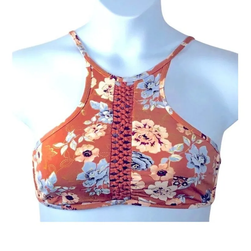 Ambrielle Floral Peach Halter Swim Top XL Braided Front Padded Cups Orange - Image 2