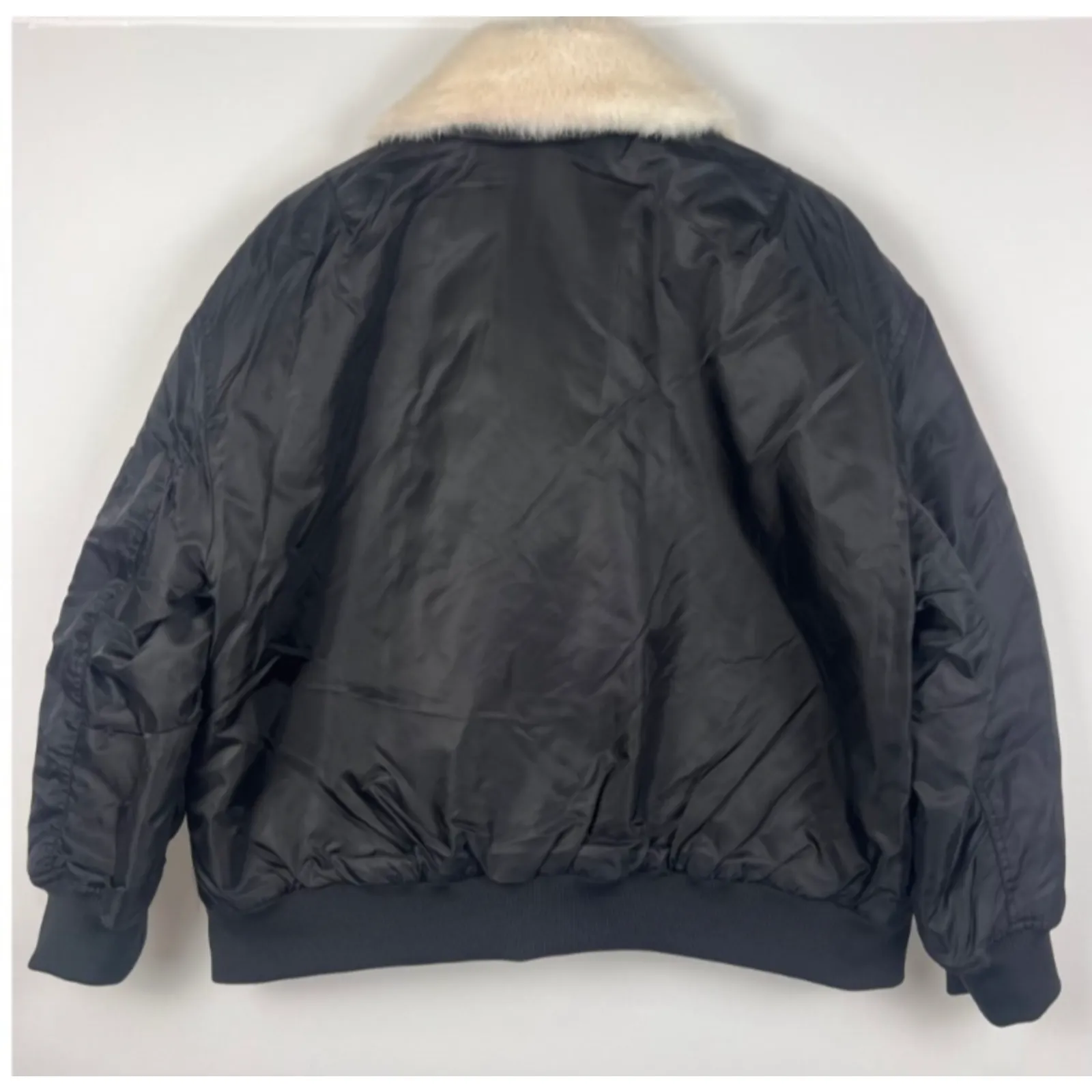 NVLT x Anthropologie Faux Fur Collar Bomber Jacket L Black Aviator Camo lined Size L - Image 5