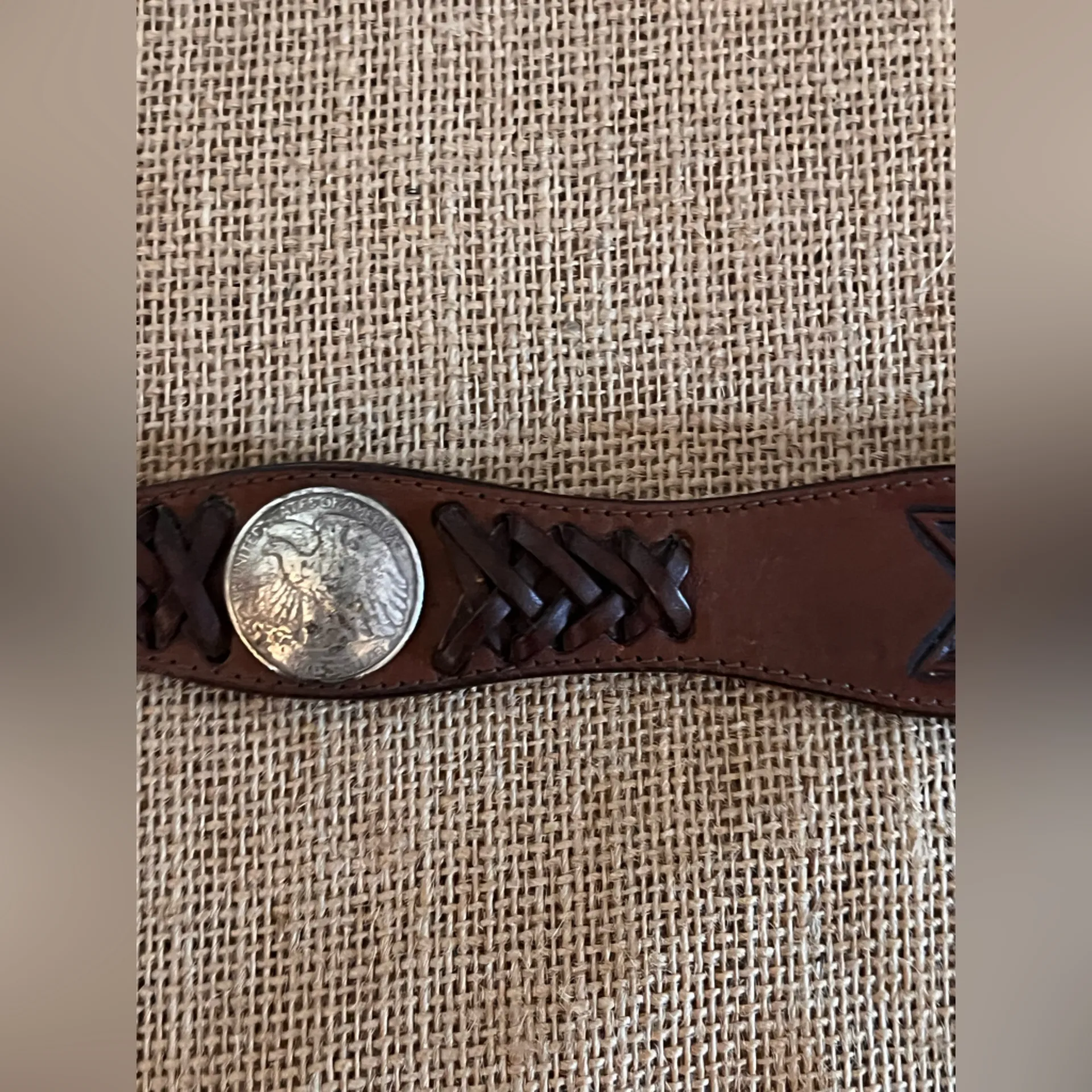 Justin Brown Tooled Cowhide Leather Concho Coin Belt Silver Buckle western 32 in - Image 8