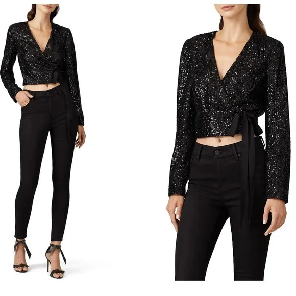 ML Monique Lhullier Black Sequin Wrap Top XS - Image 2