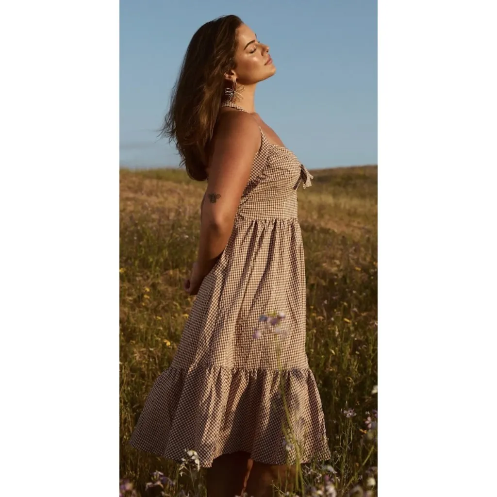 ANTHROPOLOGIE Maeve Halter Bow-Front Midi Dress in Brown Gingham Size X-Small - Image 13