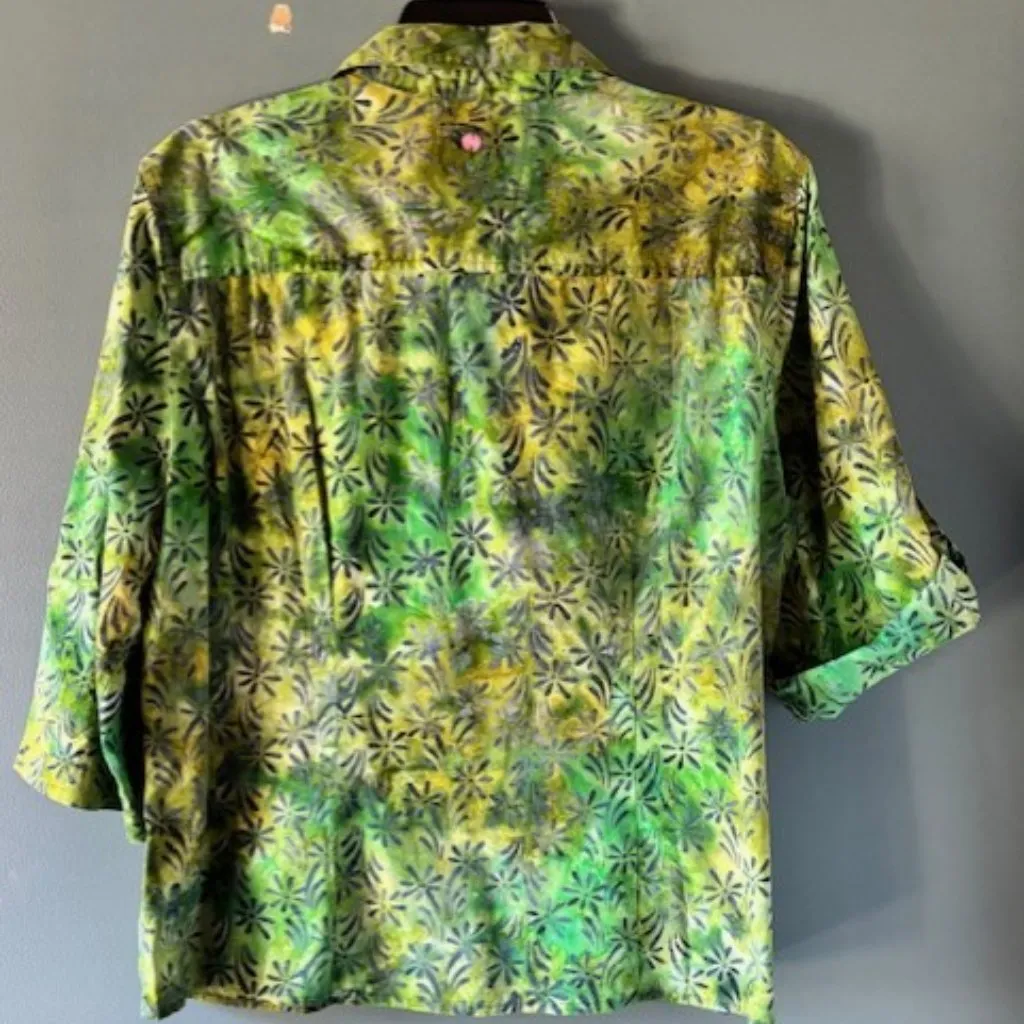 Caribbean Joe XL Button Shirt Green Yellow Roll Tab Button Botanical Colorful - Image 2