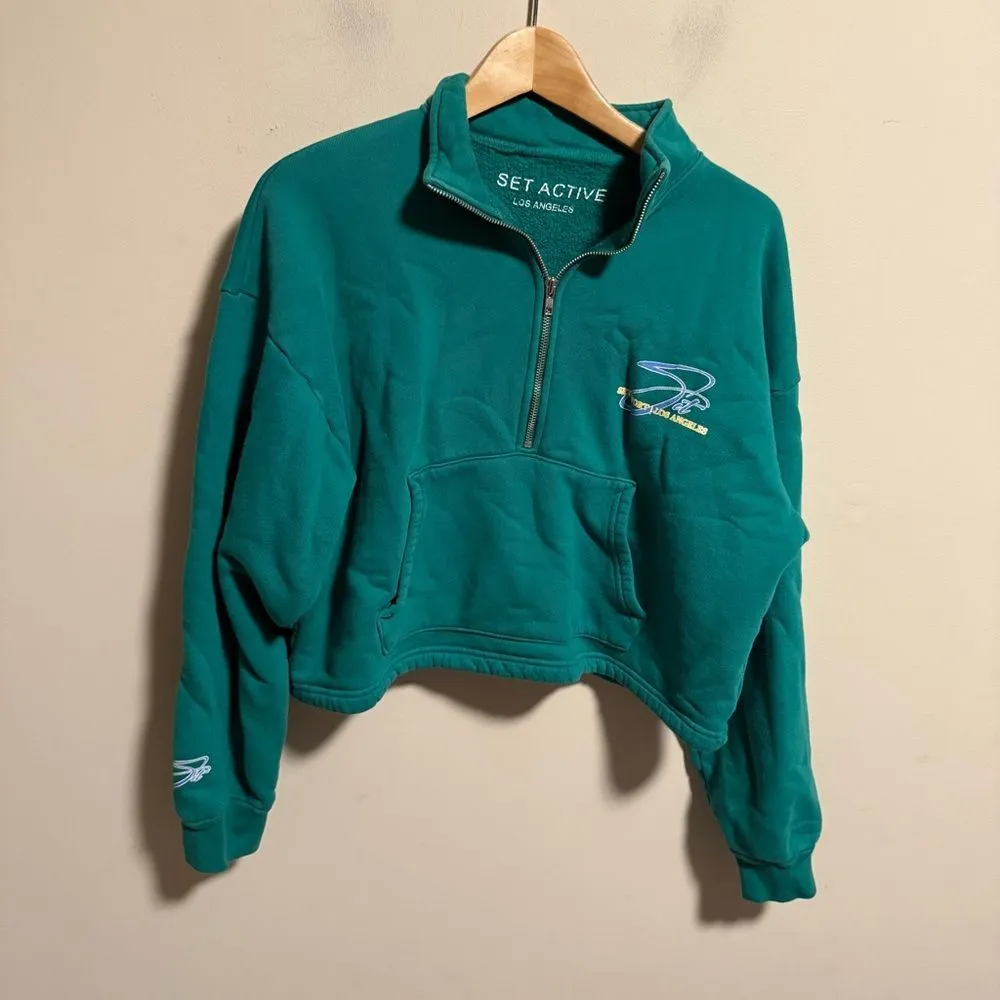 Set Active Half Zip Sweater & Sweatpants Matching Set in Palm Green- Size Small - Image 5