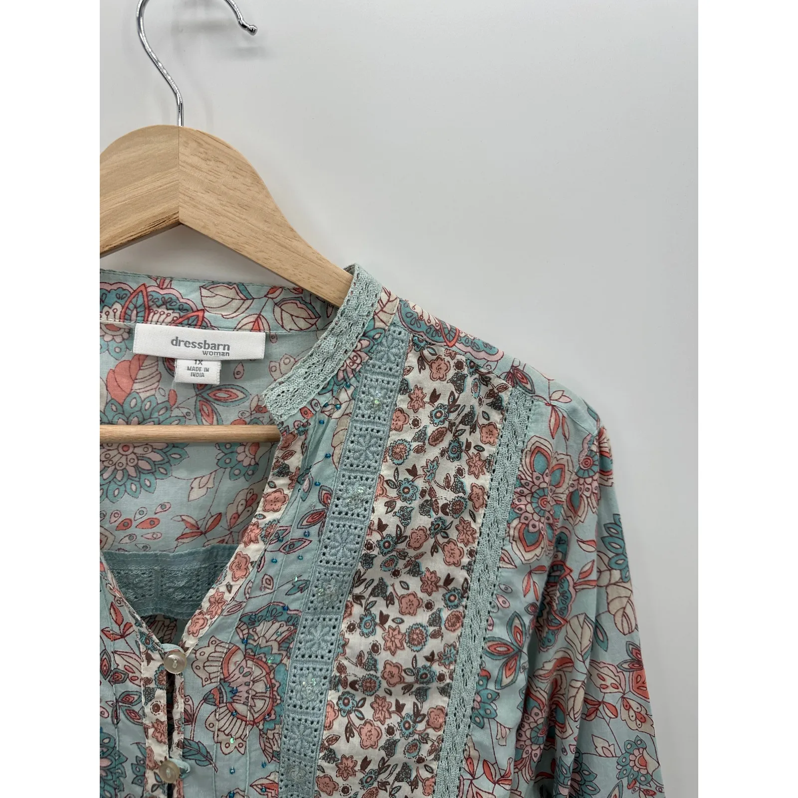 Dressbarn Button Front Blouse Sz 1X Floral 3/4 Sleeve Cotton Fairy Boho Peasant - Image 6
