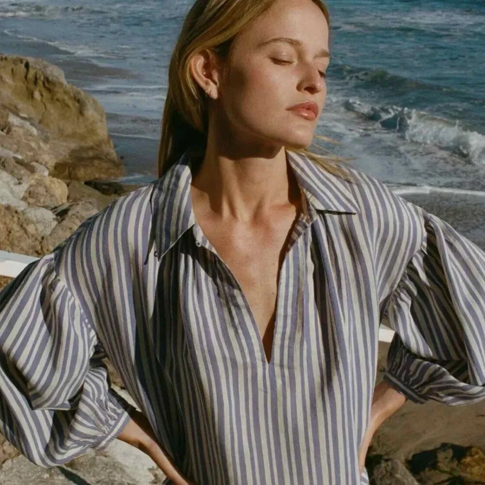 Doen Marne Blue Villandry Striped Khadi Silk Voile Short Mini Dress XS - Image 8