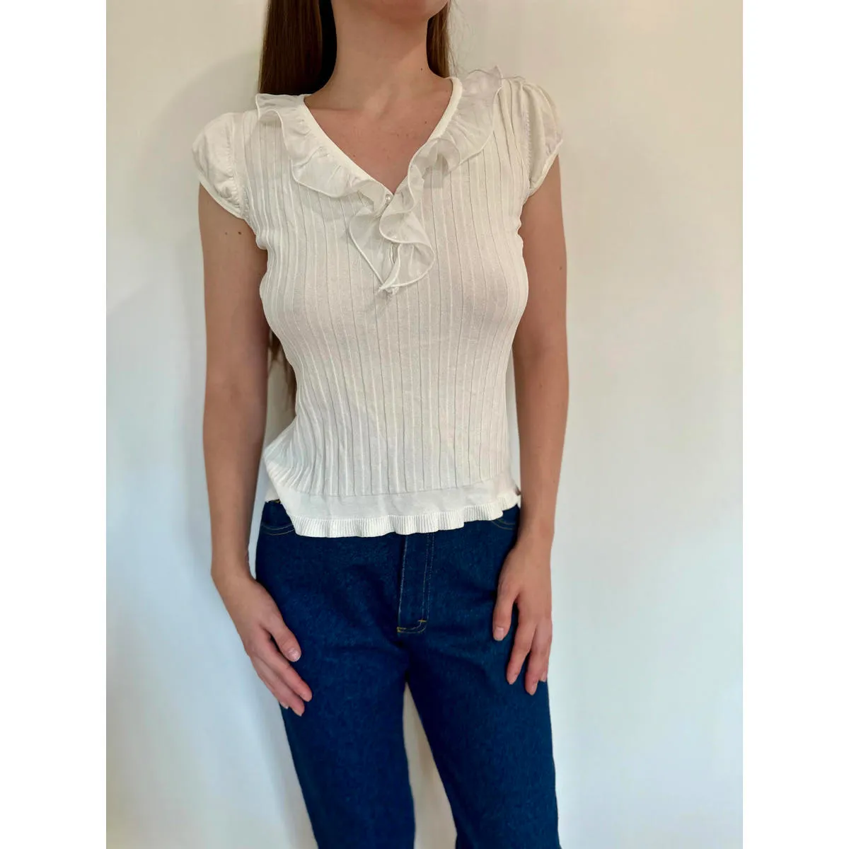 White Y2k Vintage Short Sleeve Frilly Top Size M - Image 6