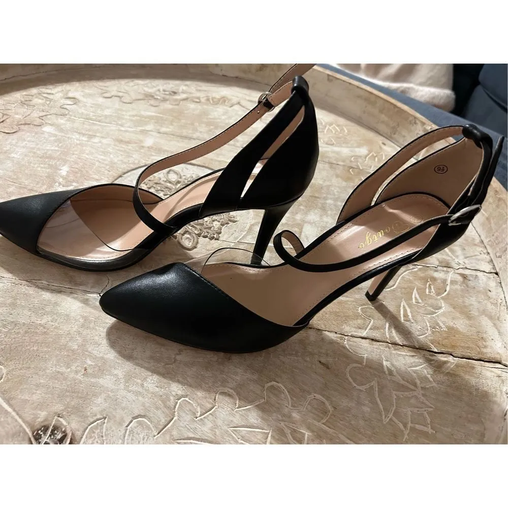 NEW Pointed Toe Clear Strappy Patent Stiletto Heel Shoes 9.5 Black - Image 8