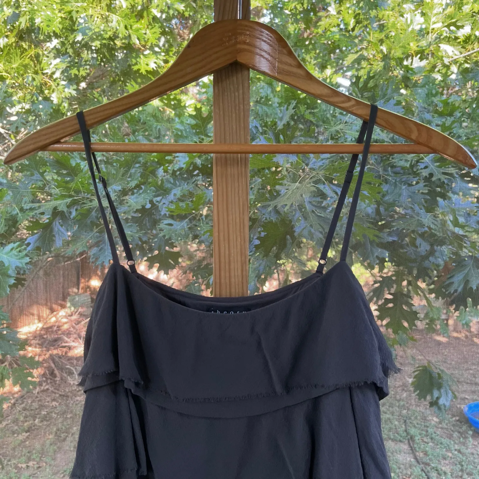 Theory Charcoal Grey 100% Silk Tiered Ruffled Mini Dress Size 4 - Image 4